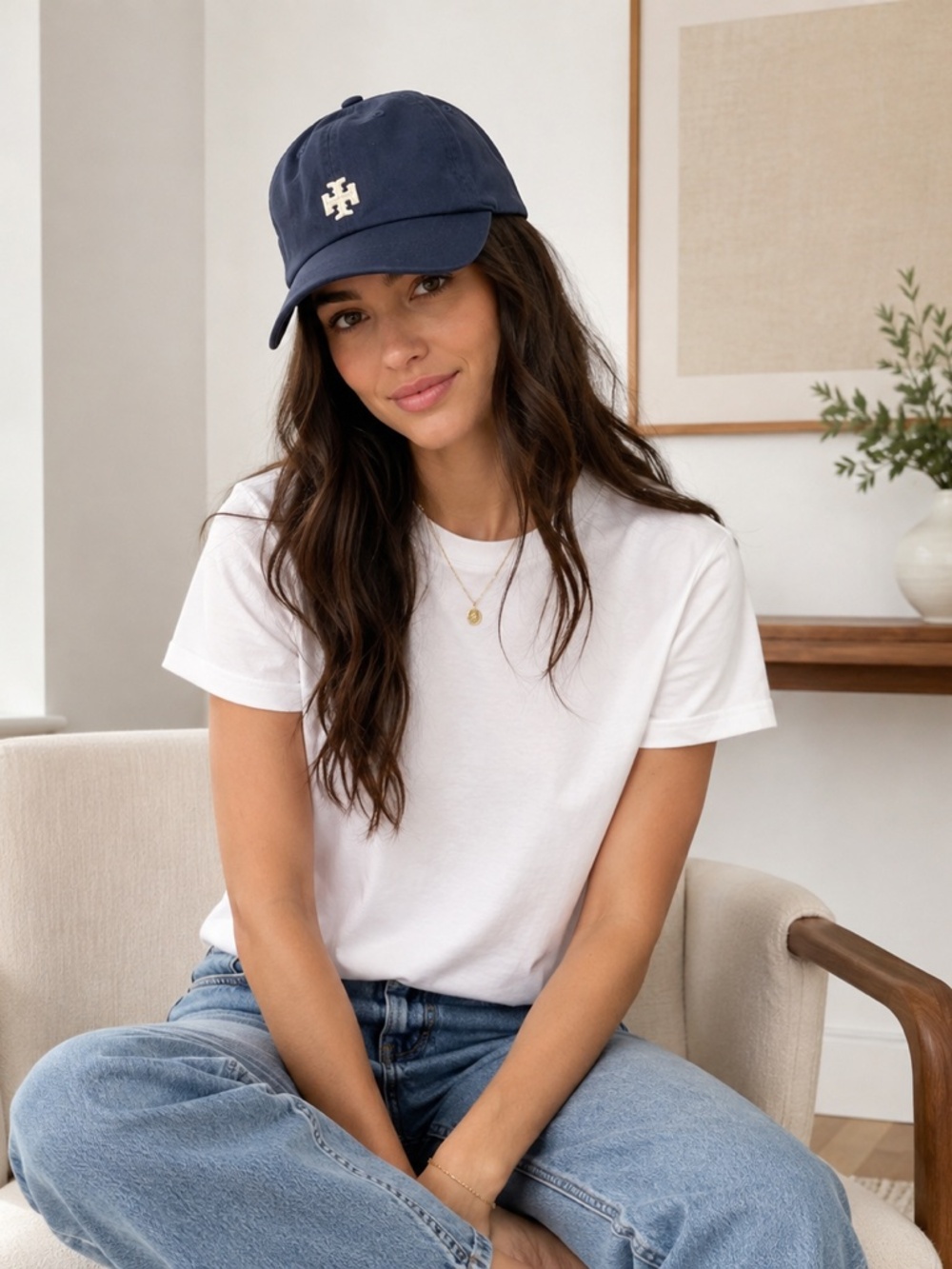 Tory Burch Navy Blue Double T Logo Adjustable Baseball Cap Hat